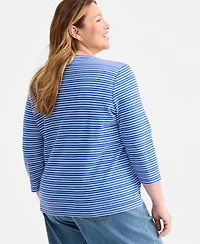 Style & Co Plus Ink Stripes 3/4-Sleeve Henley Top, Macy's Exclusive