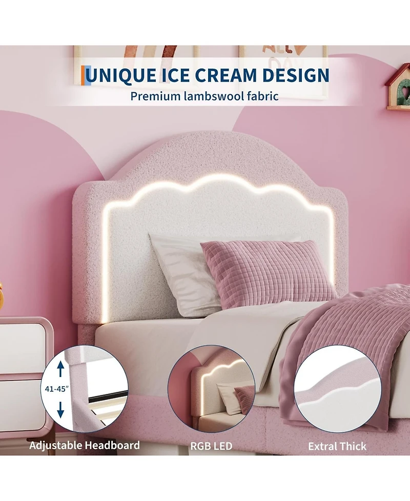 gaomon Twin Kids Upholstered Bed with Led Headboard, Plush Sherpa Fabric, Wooden Slats Support