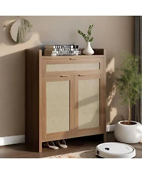 gaomon Farmhouse Rattan Shoe Cabinet with Storage,32.4 Boho Style Shoe Organizer Storage Cabinet with Shelves & Doors, 5 Tiers Wooden