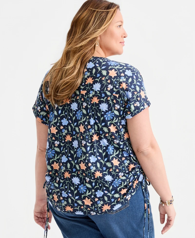 Style & Co Plus Soft Floral Ruched-Tie V-Neck Top, Macy's Exclusive