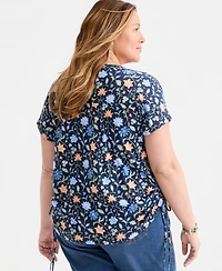 Style & Co Plus Soft Floral Ruched-Tie V-Neck Top, Macy's Exclusive