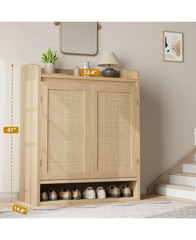 gaomon Oak Rattan 2-Door Shoe Cabinet