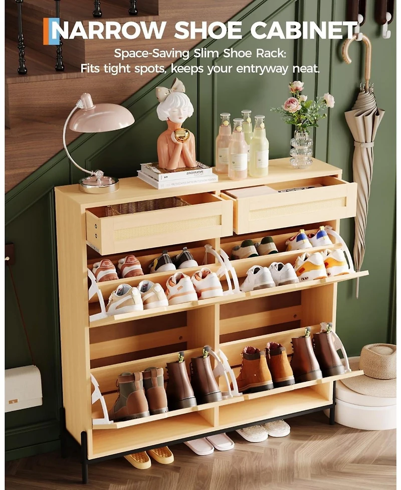 gaomon Freestanding Wooden Rattan Shoe Cabinet with 4 Flip Drawers and 2 Top Drawers