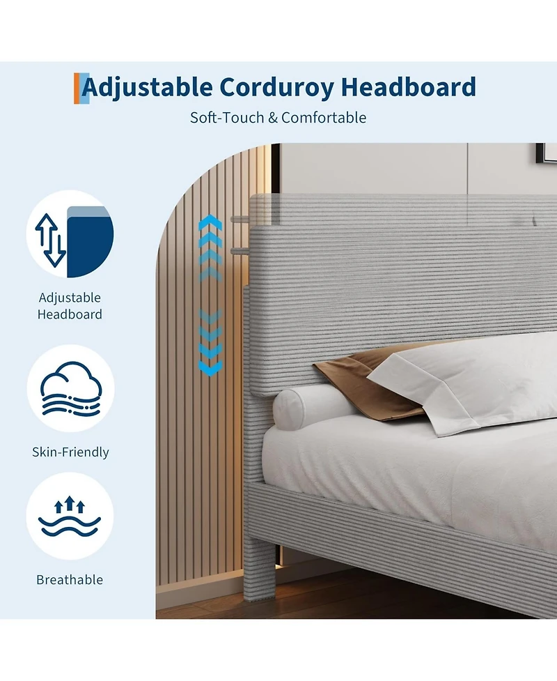 gaomon King Bed Frame with Charging Station, Corduroy Upholstered Platform Bed with Headboard Shelf, Wooden Slats, Noise Free, Easy Assembly