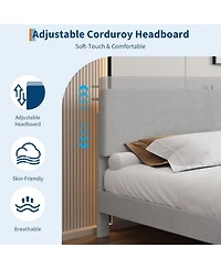 gaomon King Bed Frame with Charging Station, Corduroy Upholstered Platform Bed with Headboard Shelf, Wooden Slats, Noise Free, Easy Assembly