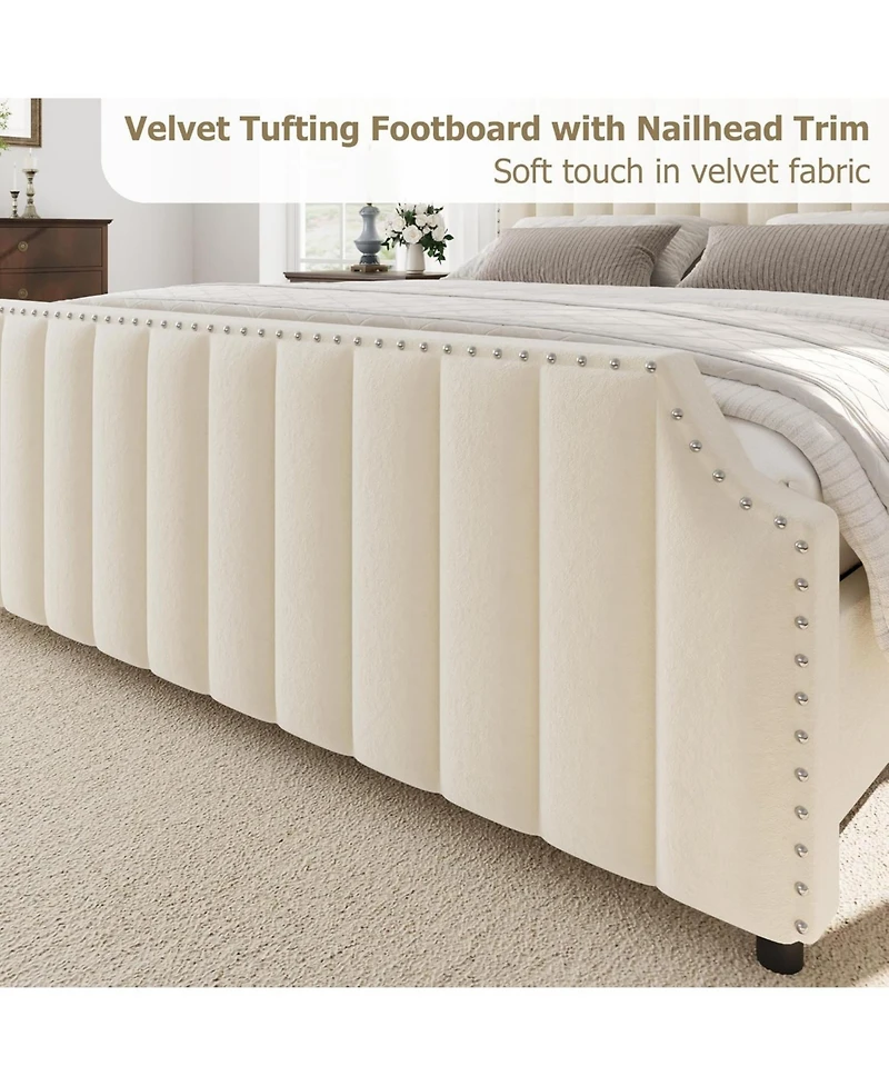 gaomon California King Velvet Upholstered Platform Bed Frame with Headboard & Footboard, Nail head Trim, Wooden Slats Support, No Box Spring