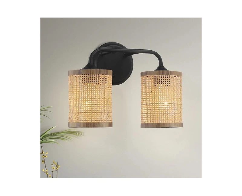 Busdays Quell Double Light Vanity With Natural Rattan Shade Wall Lamp