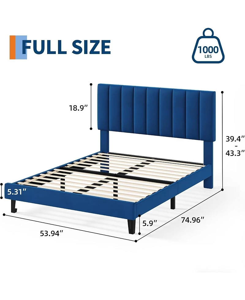 gaomon Full Velvet Upholstered Platform Bed Frame with Adjustable Headboard, No Box Spring Needed, Easy Assembly