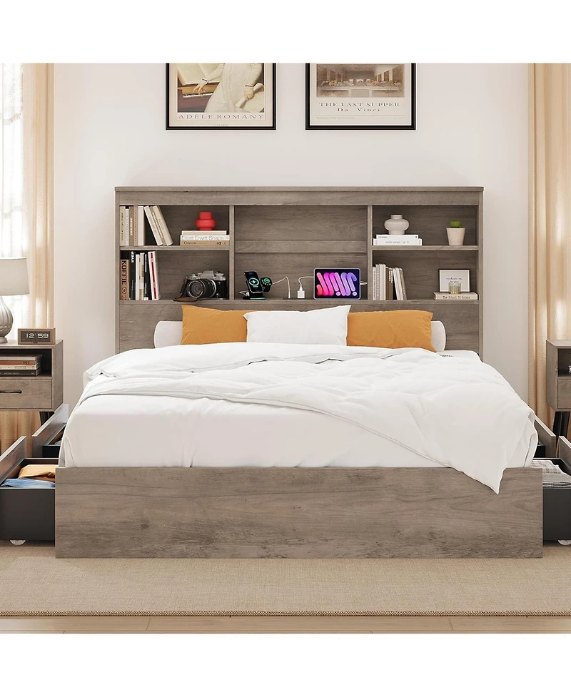 gaomon Full Bed Frame with Storage Headboard & 4 Drawers, Wood Platform Bed with Charging Station, No Box Spring