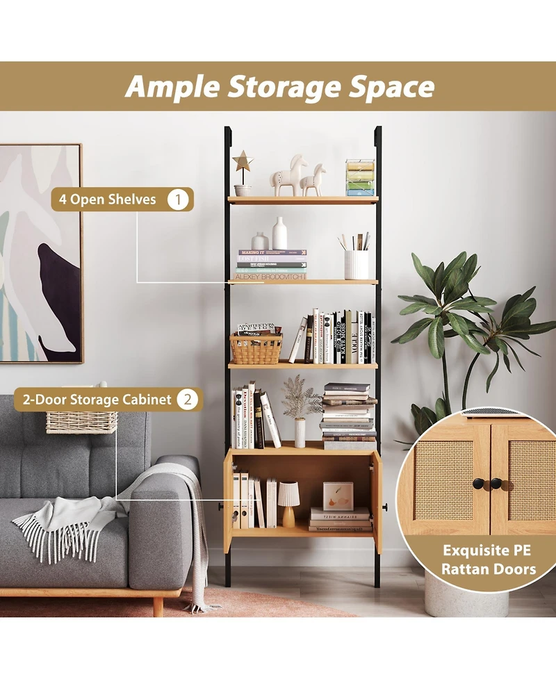 Slickblue Ladder Bookshelf 5 Tier with Rattan Cabinet and Metal Frame