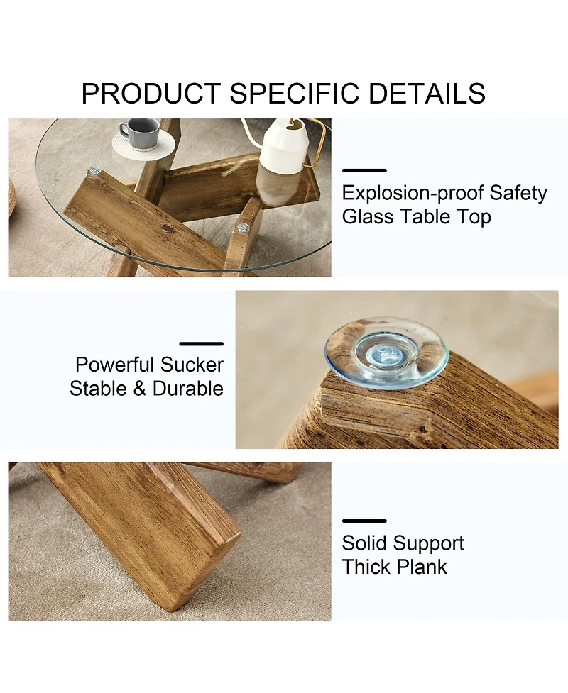 Rainsken Round Glass Top Coffee Tables, Modern Unique Center Table with Crossed Wood Legs for Living Room