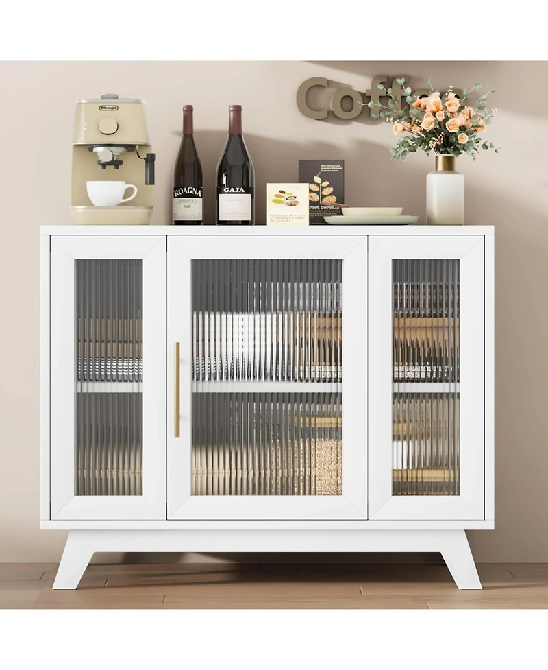 gaomon 36 Inch Small Buffet Storage Cabinet with Adjustable Shelf and Fluted Glass Door Mid-Century Modern Design