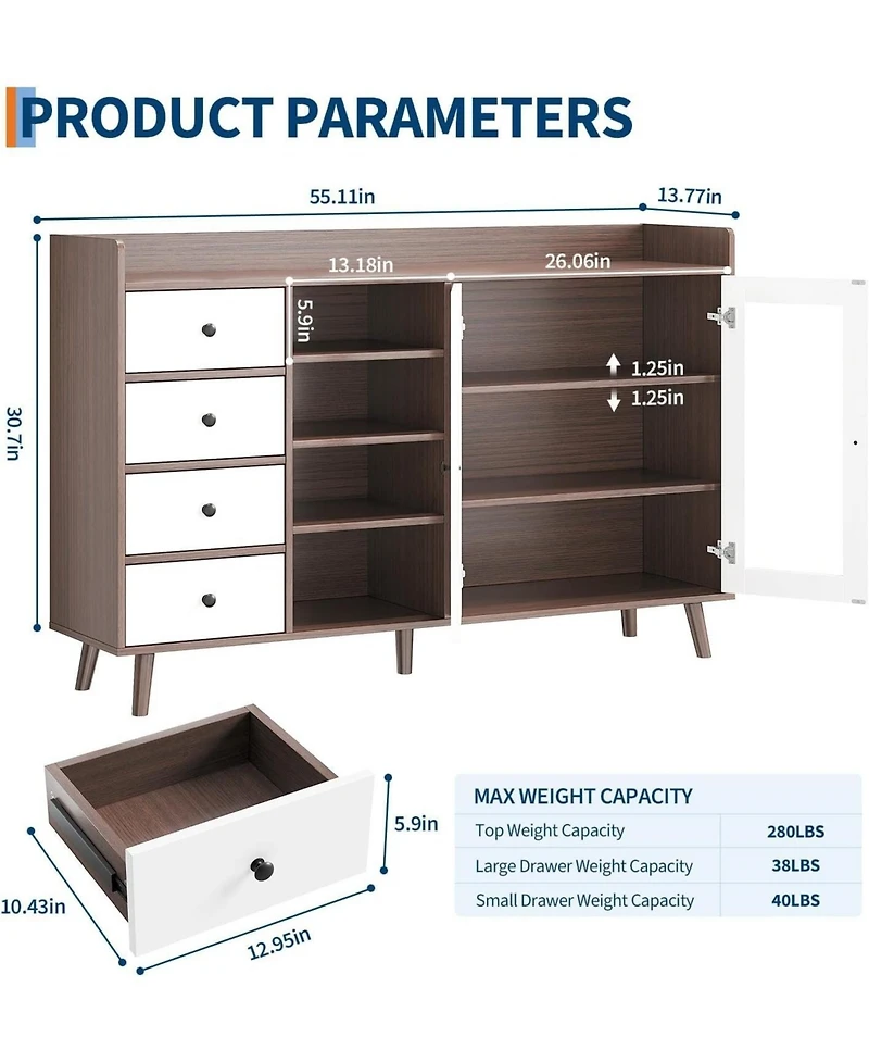 gaomon Farmhouse Sideboard Buffet Cabinet with Adjustable Shelves Glass Doors and Open Storage for Kitchen Dining and Entryway Walnut