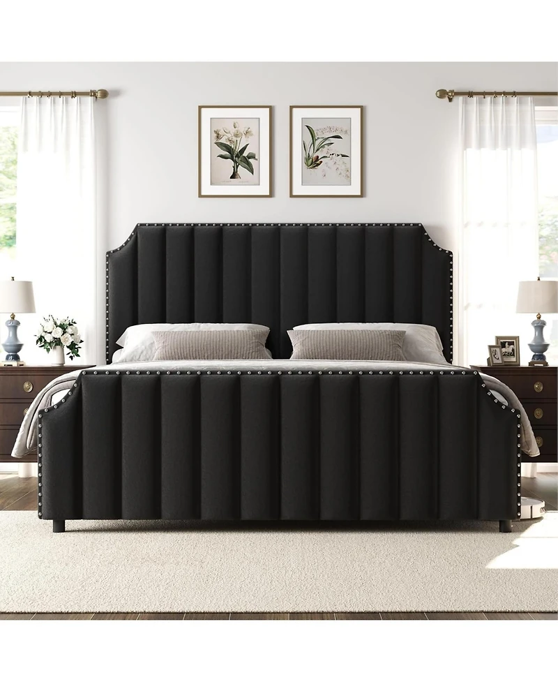 California King Velvet Upholstered Platform Bed Frame with Headboard & Footboard, Nailhead Trim, Sturdy Wooden Slats, Silent Design