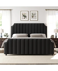 California King Velvet Upholstered Platform Bed Frame with Headboard & Footboard, Nailhead Trim, Sturdy Wooden Slats, Silent Design