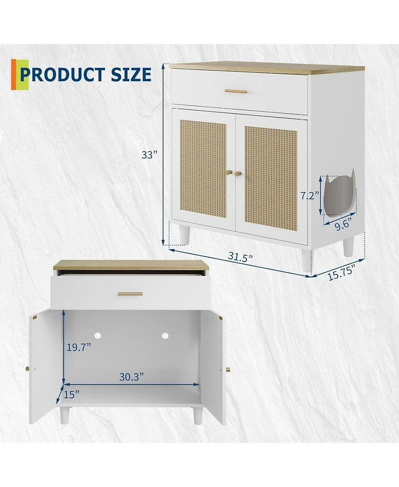 gaomon Hidden Cat Litter Box Enclosure Furniture, 31.5" Wooden Dog Proof Cat Litter Box Enclosure Cabinet with Drawer and 2 Sisal Doors