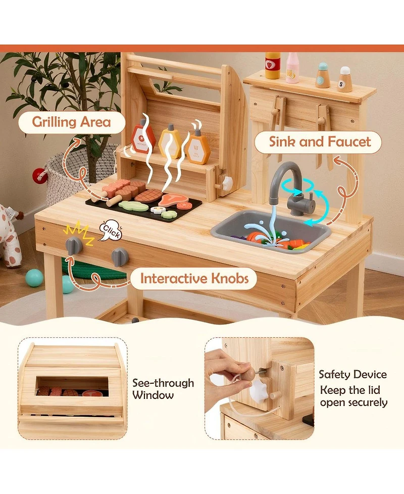 Hongge Wooden Barbecue Grill Playset with Play Food and Open Shelves