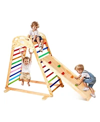 Mecale Indoor Playground Jungle Gym, 4-in-1 Wooden Playset with Climbing Rock, Slide, Ladder and Gym Rings, 220 lb Capacity