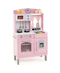 Mecale Play Kitchen for Kids, Wooden Chef Pretend Playset with 3 Adjustable Heights & Microwave