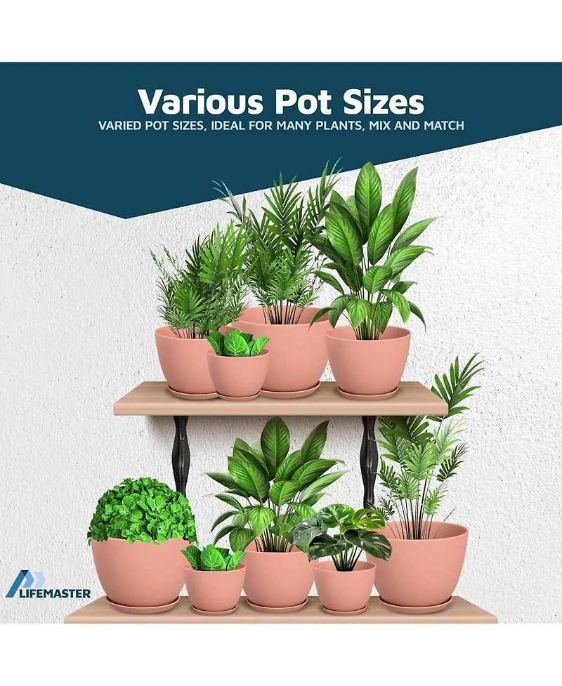 Lightweight, durable pink planter pots with drainage holes simple modern design for indoor/outdoor use. Space-saving set of 10 versatile plastic pots