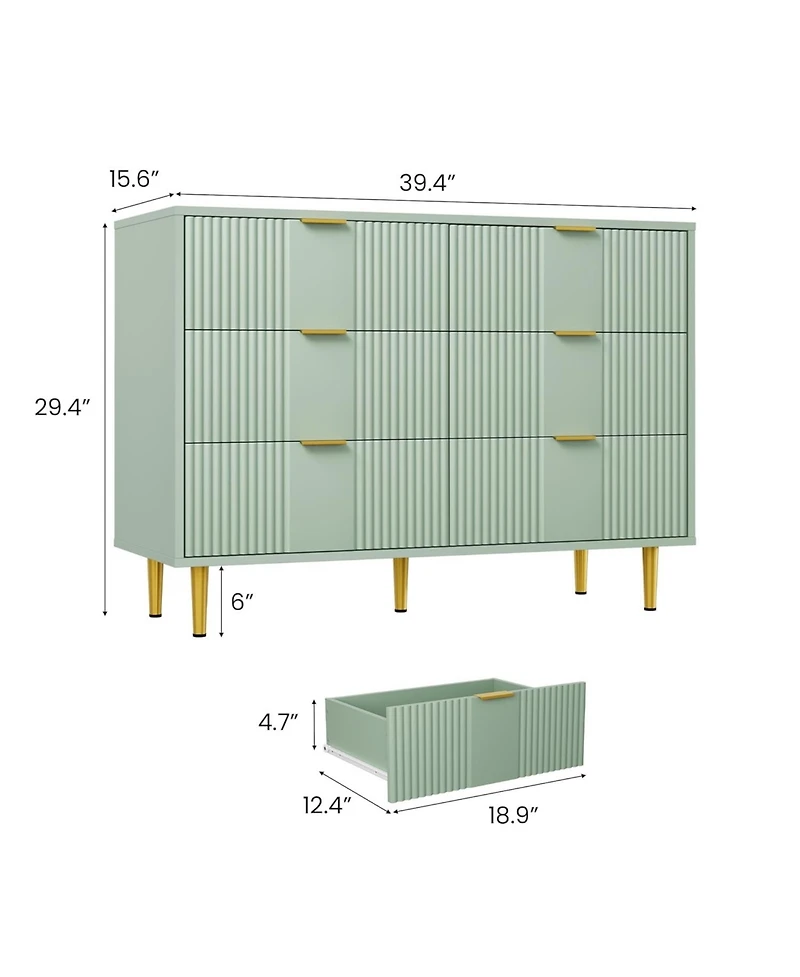 gaomon Fluted 6-Drawer Dresser, 39.4" Wide Modern Wooden Chest with Metal Handles, Wide Storage Organizer for Bedroom, Living Room, Hallway