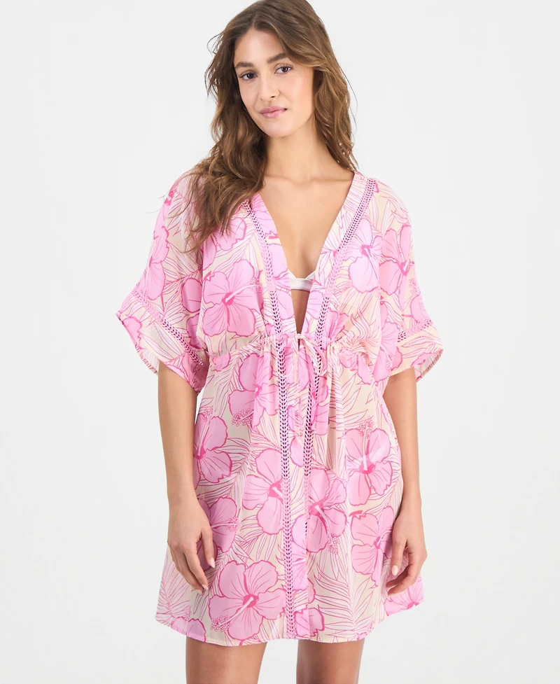 Miken Juniors' Leaf-Trim Leopard-Print Cover-Up Kimono, Macy's Exclusive