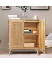 gaomon Natural Rattan Buffet Cabinet with Adjustable Shelves and Solid Wood Feet, Multifunctional Sideboard for Dining Room Hallway Entryway