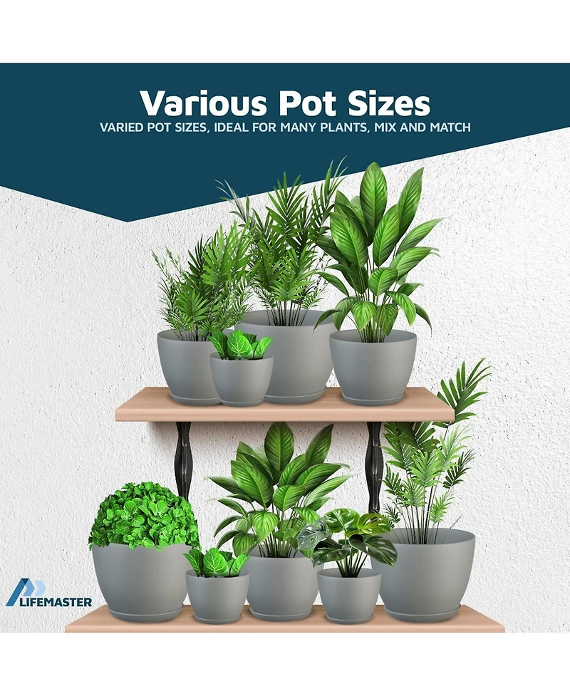 Lifemaster Gray Plant Pots 3-Pack with Drainage Holes & Saucers, Stackable Space-Saving Indoor & Outdoor Planters