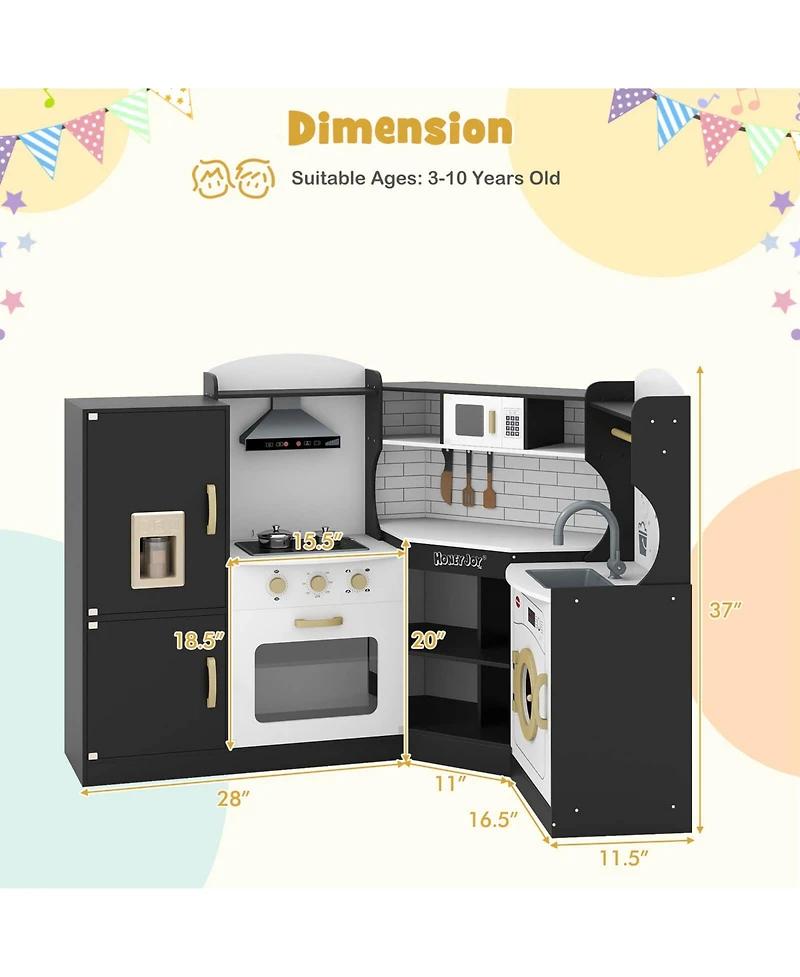 Corner Play Kitchen Toddler Playset with Range Hood, Ice Maker, Microwave