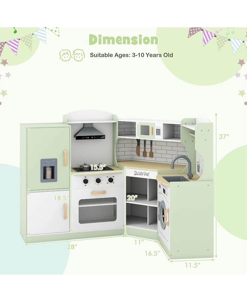Corner Play Kitchen Toddler Playset with Range Hood, Ice Maker, Microwave