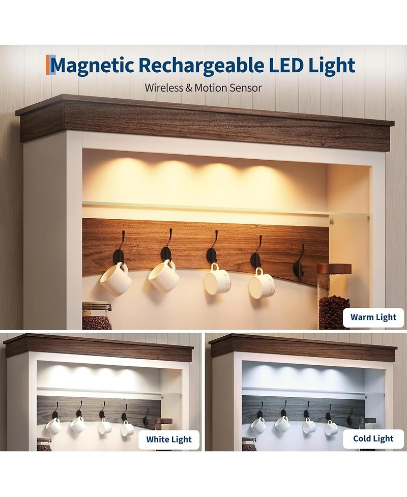 gaomon Coffee Bar Cabinet with Led Light, 72 in Tall Farmhouse Coffee Bar Hutch with Storage, Sideboard Buffet Cabinet with Microwave Stand