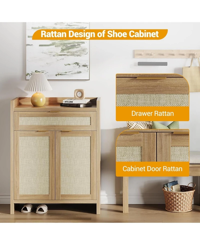gaomon 32” boho rattan shoe cabinet with doors and drawer, adjustable shelf, and wood finish—ideal as a coffee bar or accent console.