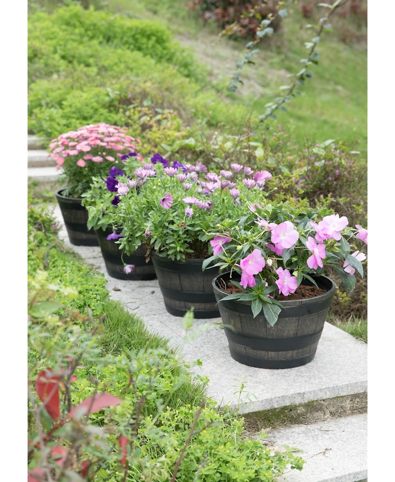 Gardenised Rustic Wood- Look Plastic Half Barrel Flower Pot Bucket Planter, Pack of 4