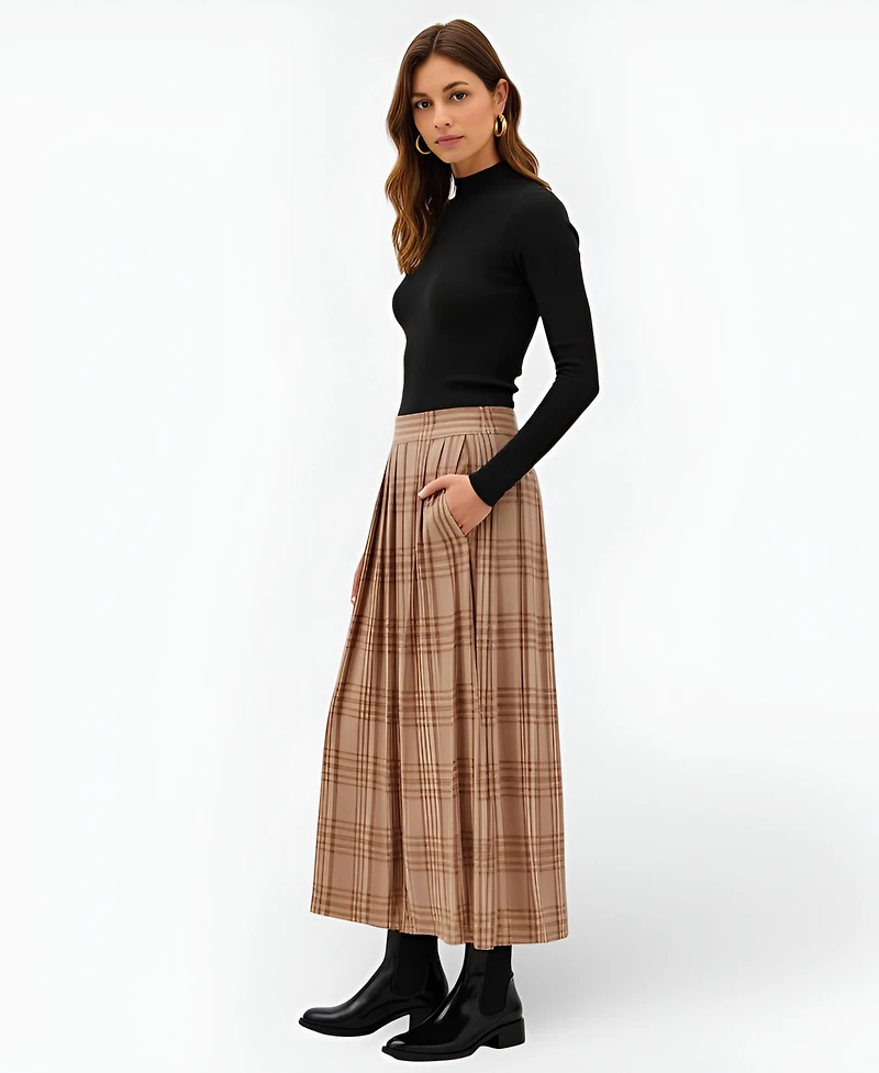 Modenaire Women's Plaid Pleated Maxi Skirt
