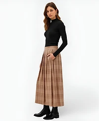 Modenaire Women's Plaid Pleated Maxi Skirt