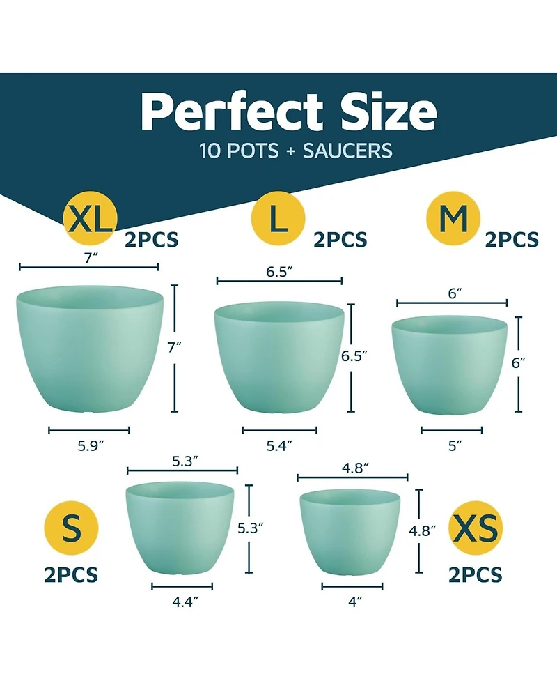 Lifemaster Planter Pots with Drainage Holes, Lightweight Durable Space-Saving Indoor Outdoor Plastic Planters