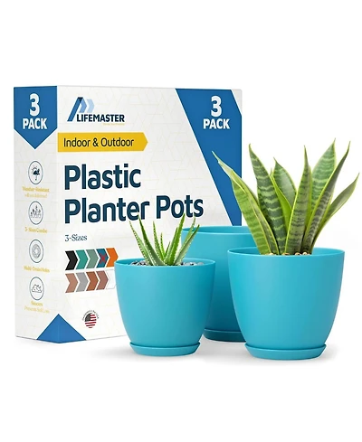 Lifemaster Blue Plant Pots 3 Pack with Drainage Holes & Saucers, Stackable Indoor & Outdoor Planters for Houseplants & Flowers, Durable & Weatherproof