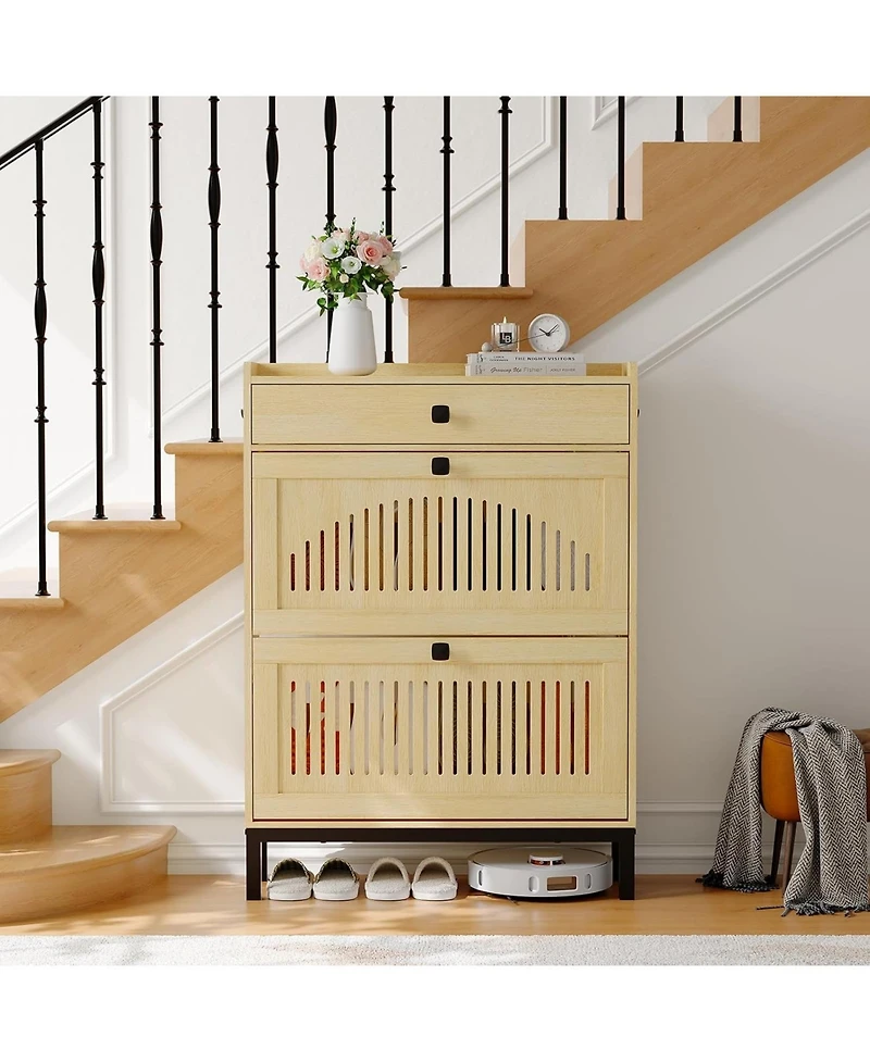 gaomon Shoe Storage Cabinet with 2 Hollow-Panel Flip Drawers and Top Drawer