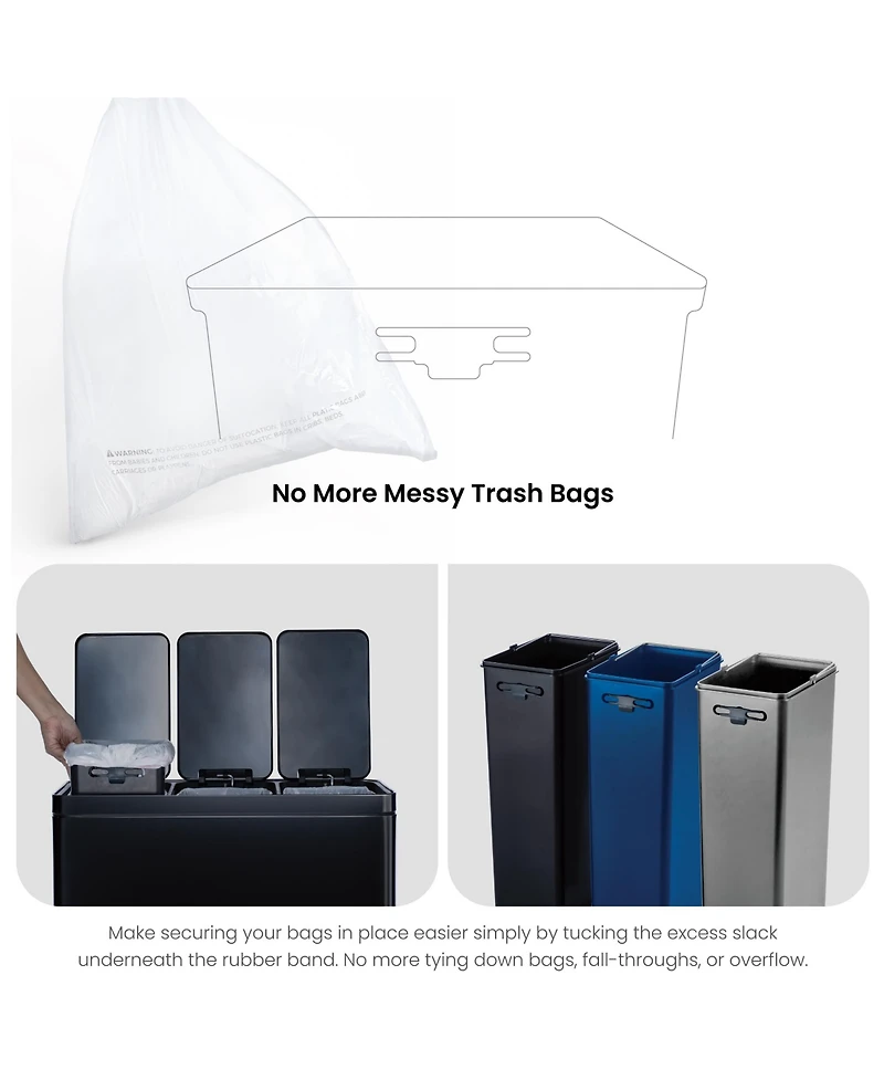 Home Zone Living 16 Gallon Stainless Steel Triple Trash and Recycling Can with Soft Close Lids and Step Pedals