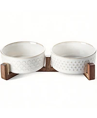 Aronkl Ceramic Dog Bowl Set with Wood Stand Dual Food Water Weighted Non-Slip Base