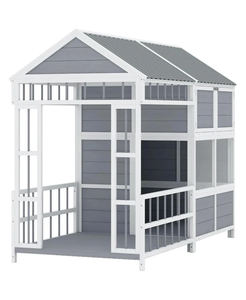 6thdruple Large Outdoor Gray Wooden Dog House with Covered Porch, Waterproof Roof, Elevated Pet Kennel Shelter for Large Dogs