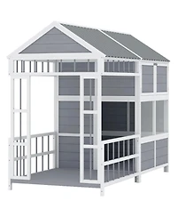 6thdruple Large Outdoor Gray Wooden Dog House with Covered Porch, Waterproof Roof, Elevated Pet Kennel Shelter for Large Dogs