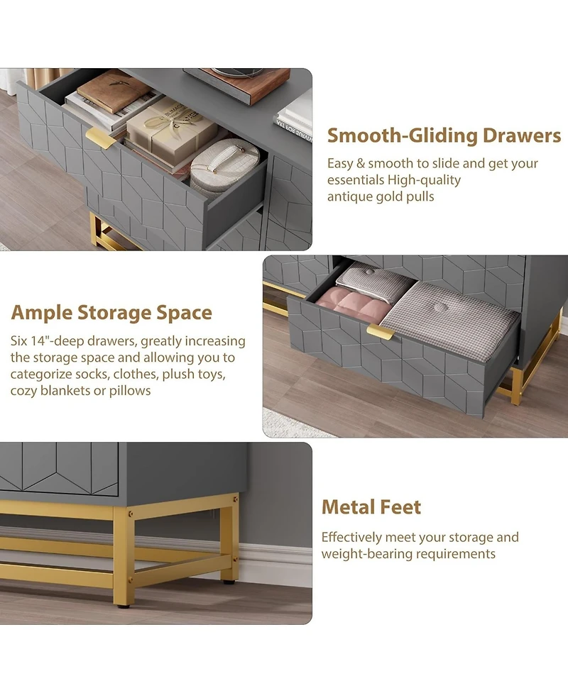 gaomon Wide Modern Dresser Chest, Gold Metal Legs & Handles, Wood Storage Organizer for Bedroom
