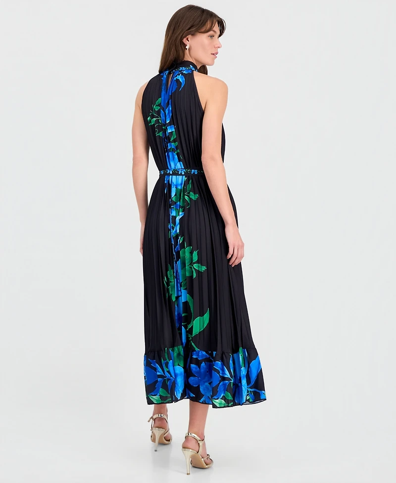 T Tahari Women's Printed High-Neck Pleated Maxi Dress