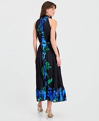 T Tahari Women's Printed High-Neck Pleated Maxi Dress