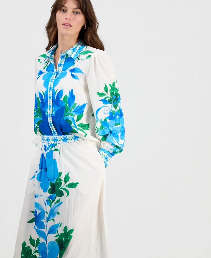 T Tahari Women's Placed-Floral Button-Down Shirt