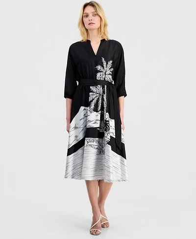 T Tahari Women's Elbow-Sleeve Split-Neck Midi Dress