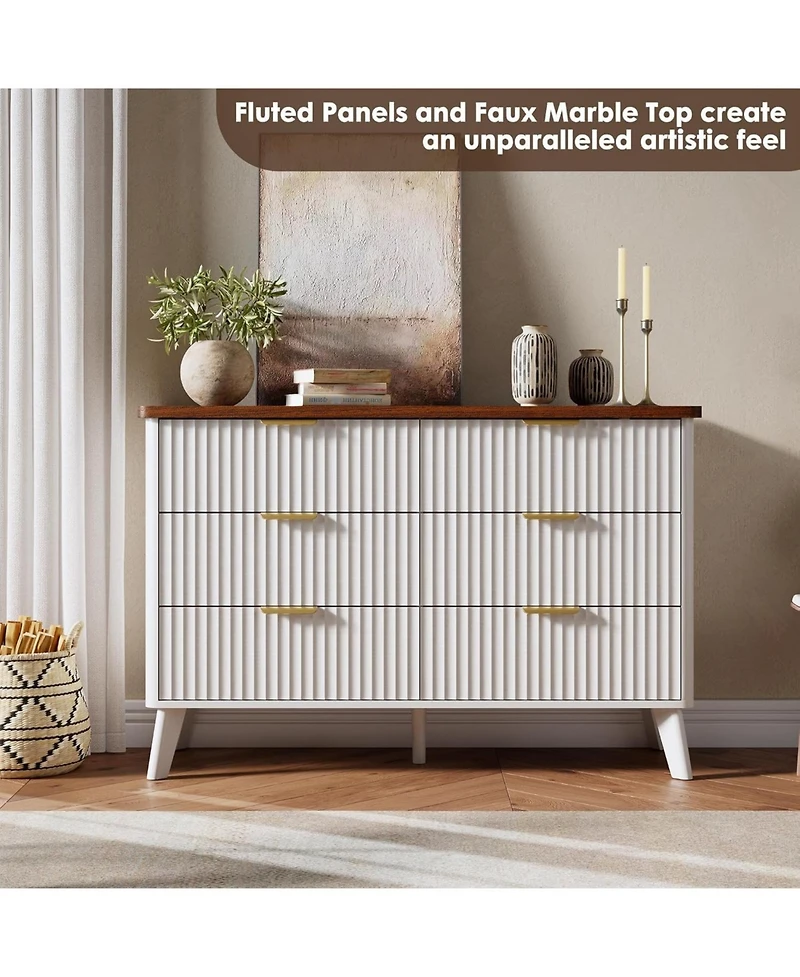 gaomon White Modern Fluted Drawer Dresser, Curved Profile with Gold Handles for Bedroom