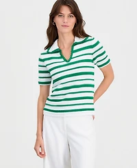 T Tahari Women's Striped Split-Neck Collared Top