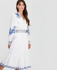 T Tahari Women's Cotton Embroidered-Trim Tiered Dress